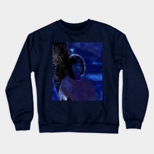 Portrait, digital collage and special processing. Lovely girl, sitting near tree. Night dreams. Blue. Crewneck Sweatshirt